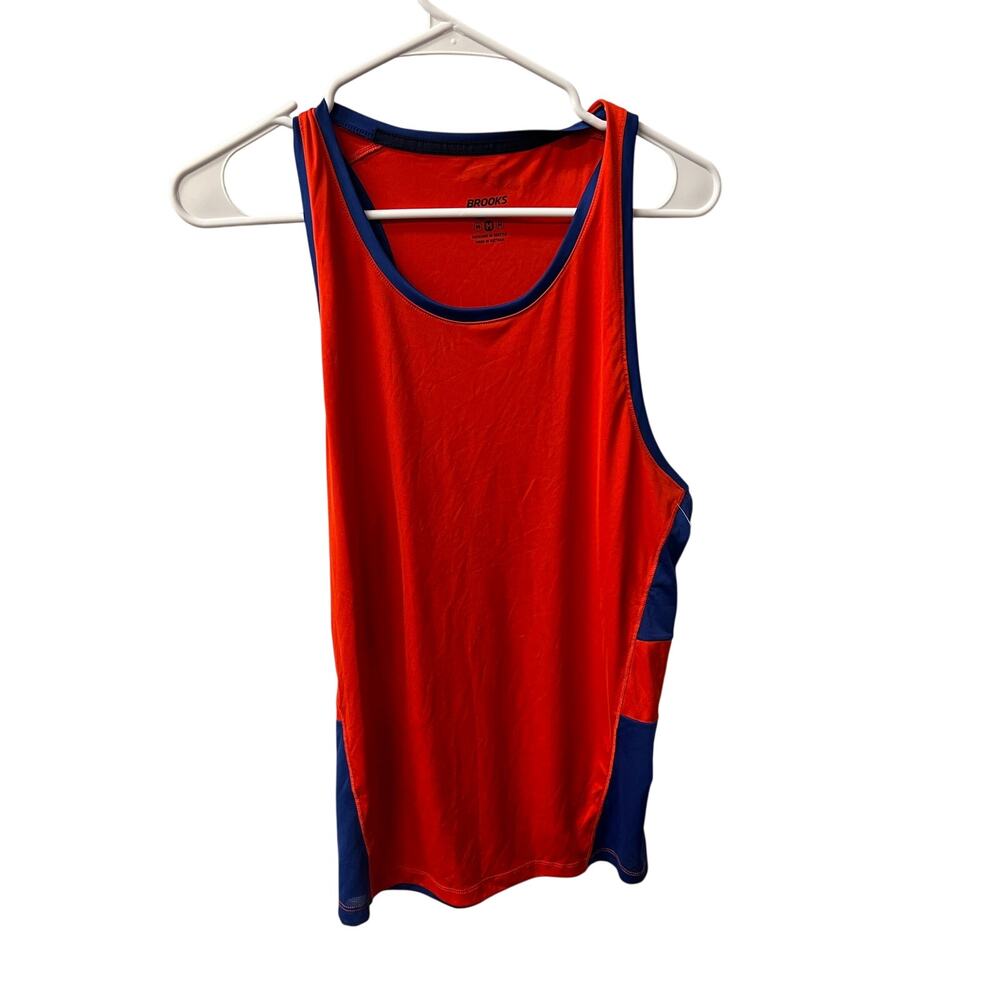 Brooks Mens M Running Tank Top Orange Blue Lightweight Race Singlet Athletic